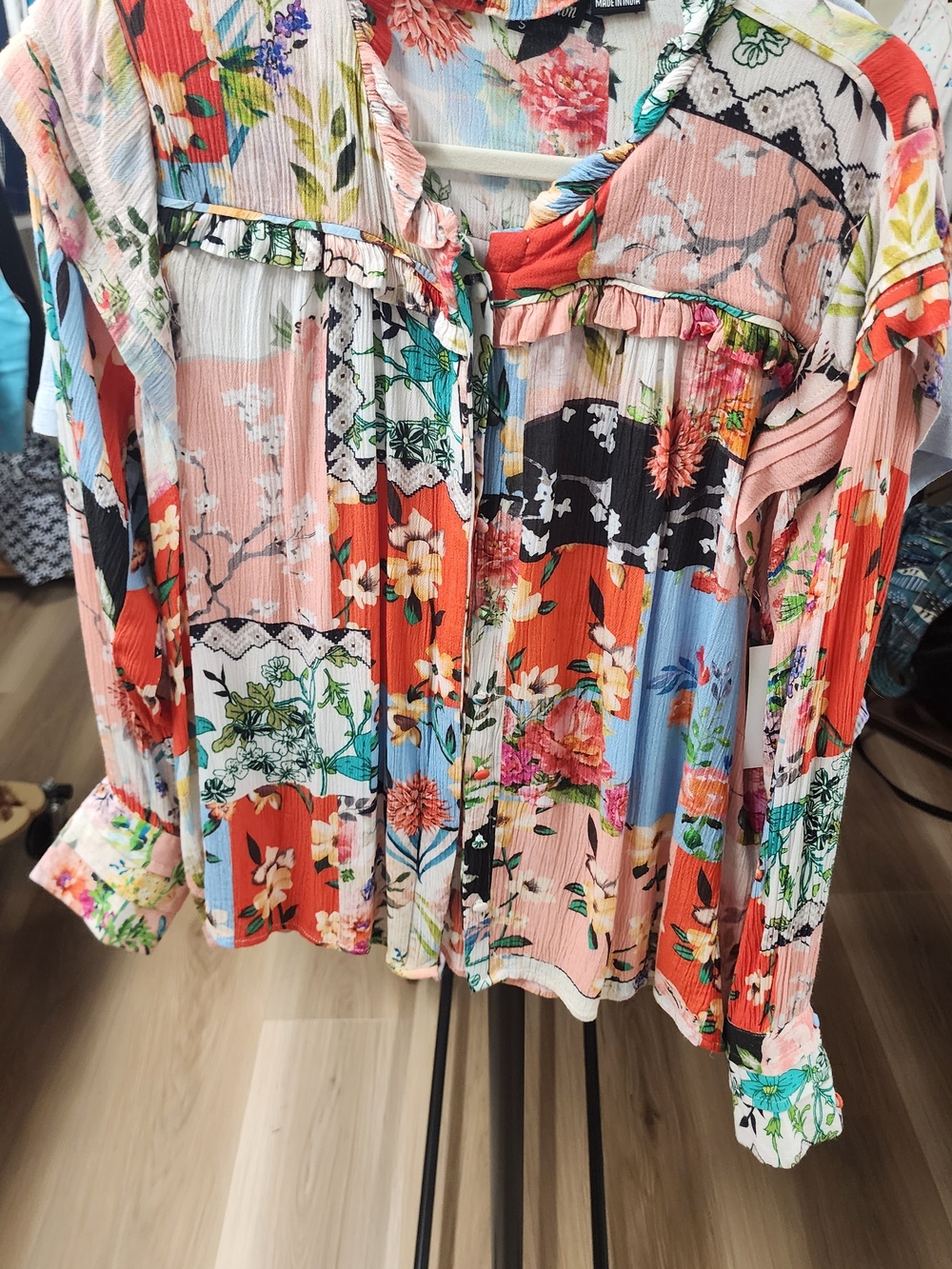 Tolani Multicolor Floral Patchwork Ruffle-Blouse